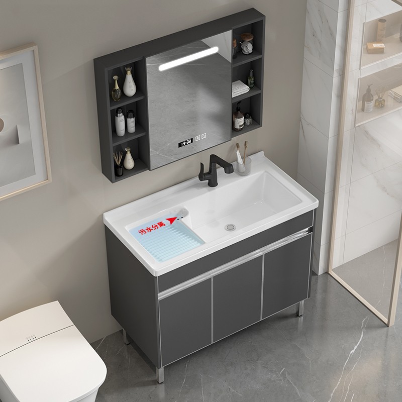 Balcón lavabo piso tipo lavabo de acero inoxidable gabinete combinación lavabo de cerámica cuenca integrada con washboard