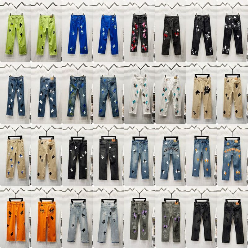 Chrome Heart Cross Leather Label Washed Jeans High Street Loose Jeans Full Range
