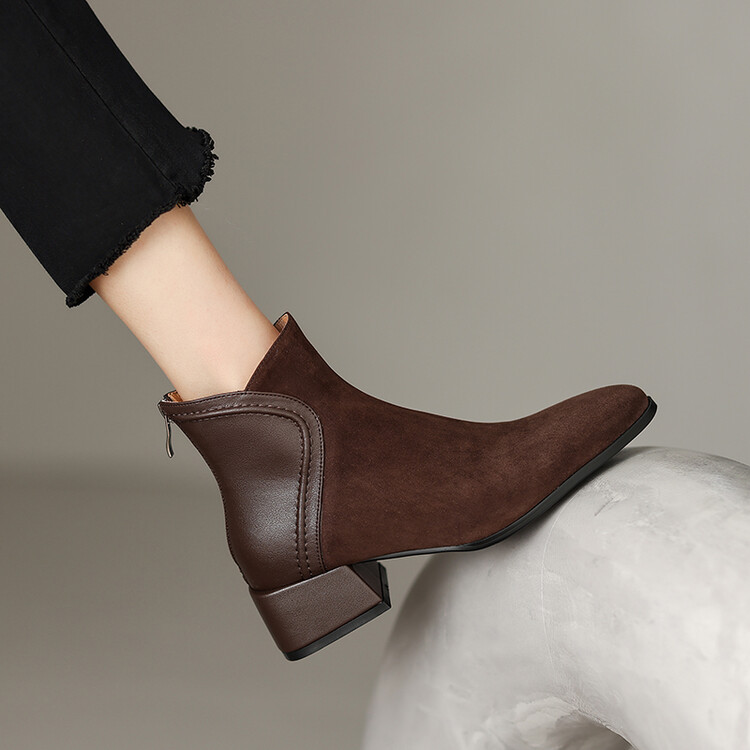 Chelsea with zipper, leather retro low boots, round toe, back zipper, mid heel