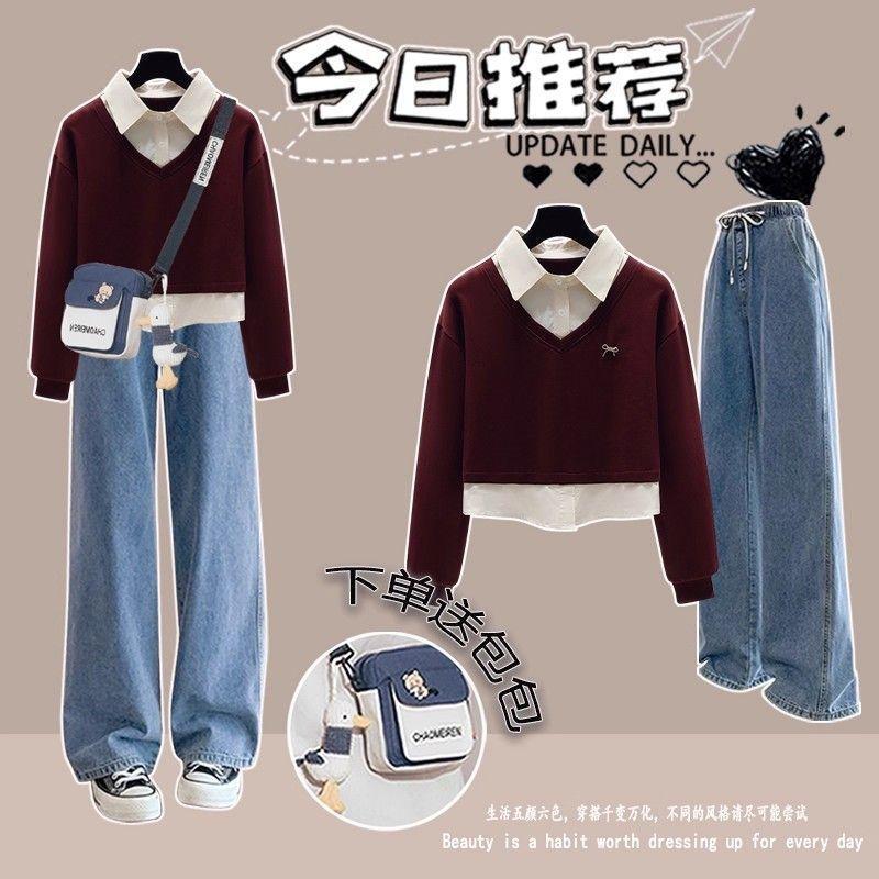 初高中学生假两件卫衣女春秋2025新款学院风少女POLO领套头上衣服|undefined
