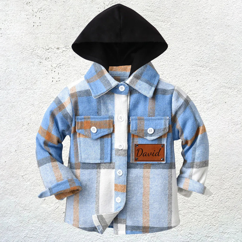 Personalized hooded 2024 cross-border explosions leather patch children's stitching flannel plaid shirt Europe and the United States