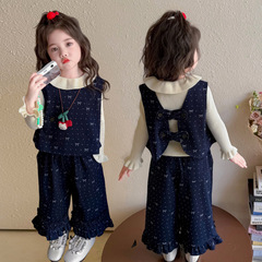 女童洋气春秋季牛仔阔腿裤套装韩版2025新款马甲打底衣三件套时髦