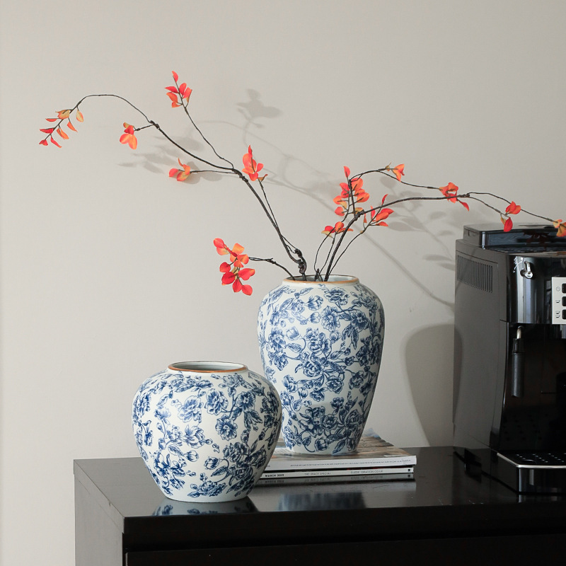 景徳鎮新中国風のレトロな青と白の磁器蓮の花のセラミック花瓶クリエイティブ装飾フラワーアレンジメントホームリビングルームフラワーアレンジメント|undefined