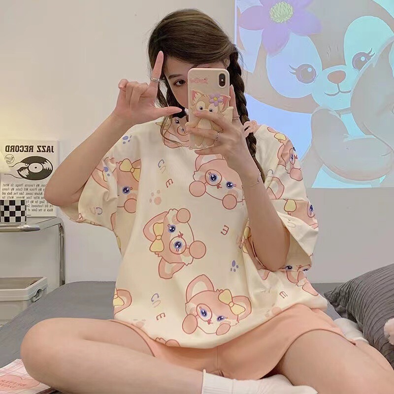 Lina Belle Cartoon Round Neck Pajamas Women's Short-Sleeved 2025 Popular New Sweet Home Clothes Summer Two-Piece Suit