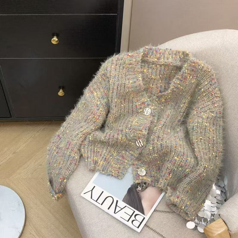 多巴胺踩点针织短外套女v领单排扣上衣秋冬外搭宽松显瘦时髦毛衣|undefined