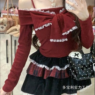 純欲蝴蝶結蕾絲花邊長袖針織衫高腰荷葉邊蓬蓬半身裙兩件套裝裙女