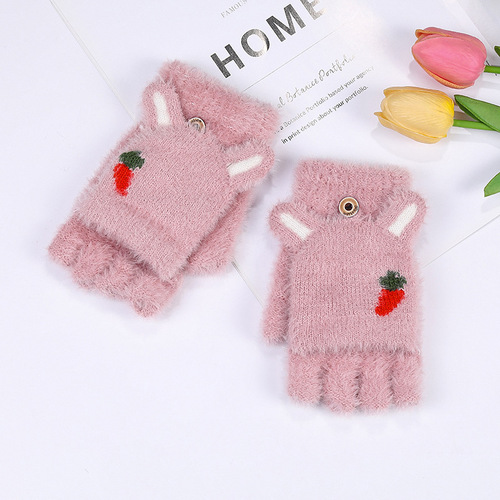 MEETSUNNY New Knitted Gloves Women's Thickened Girls Cute Writing Half Finger Flip Christmas Deer Gloves