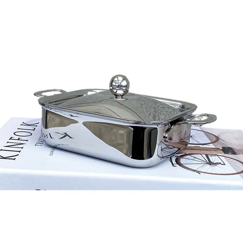 Ins simple estilo europeo 18 / 10 de acero inoxidable doble oreja plato de horneado plato de frutas con cubierta plato de dulces multipropósito