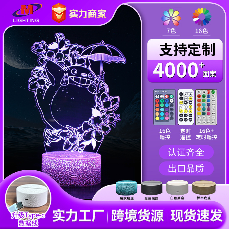 Cross-border exclusive cartoon Totoro series colorful creative 3D lights LED night light remote touch desk lamp visual lamp