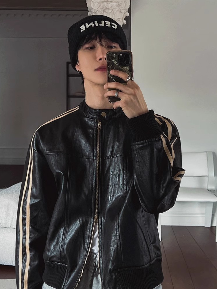美ラード風皮上着男性春秋ゆるい立襟上着韓国版トレンド機関車革ジャケット潮