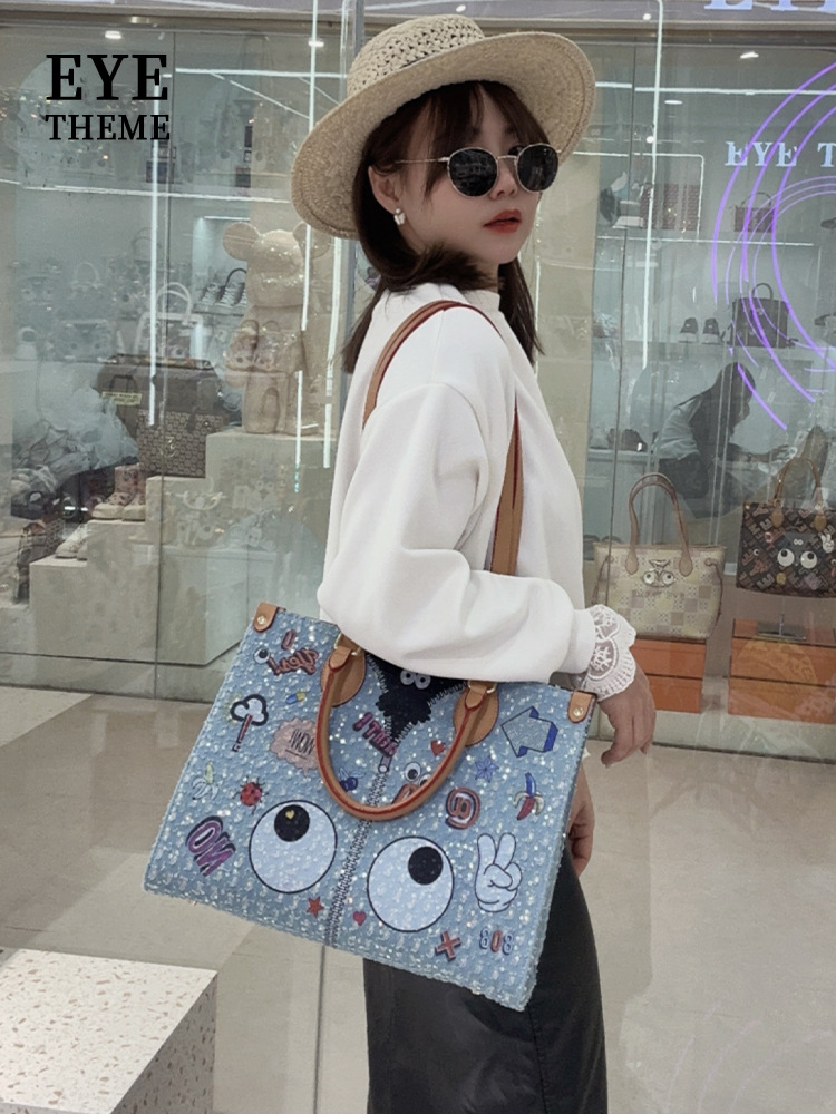 Damas de gran tamaño, cremallera bordada de tejido denim, gran capacidad de moda, contraste de color para damas, almacenamiento de dibujos animados 2707 #