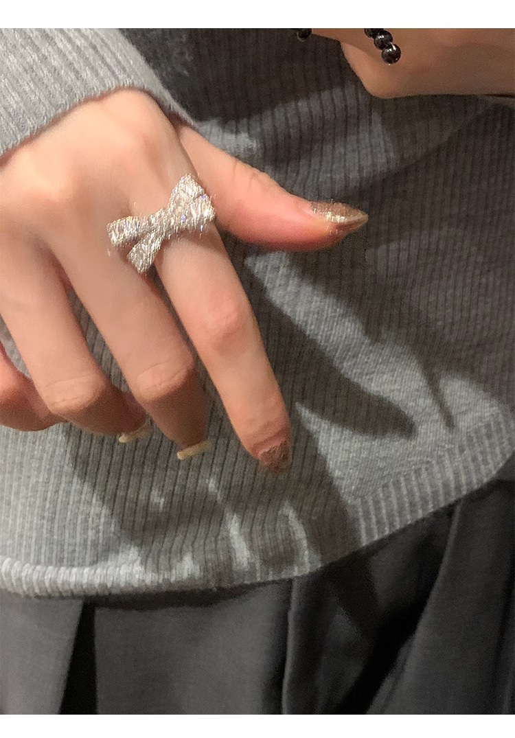 Sterling Silver Bowknot Zircon Ring For Women Adjustable Designer_voghion.com