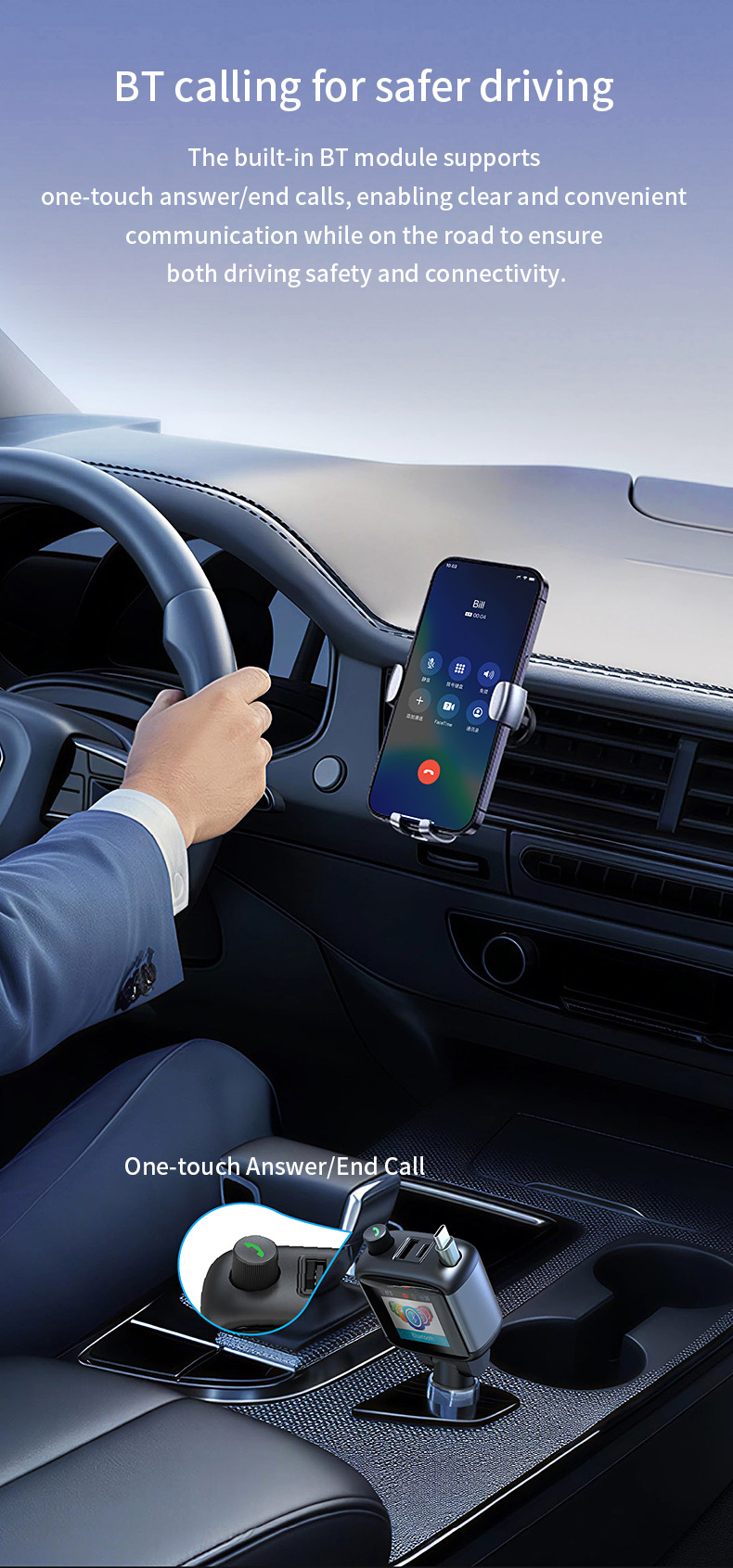 Car-mounted color display screen Bluetooth FM transmitter hands-free calling PD65W fast charging charger MP3 player