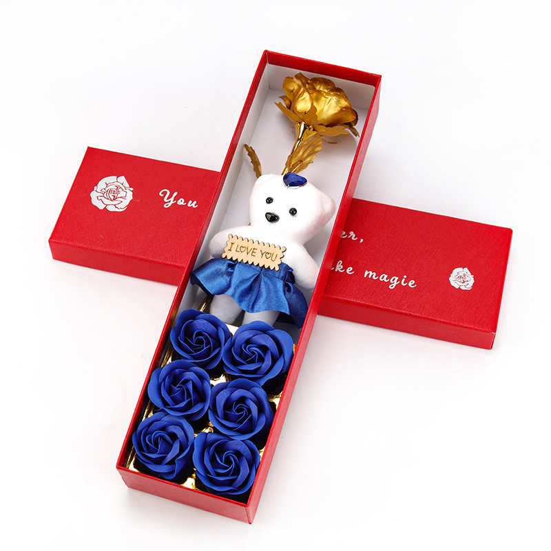 6朵+熊+金箔花红盒 蓝2