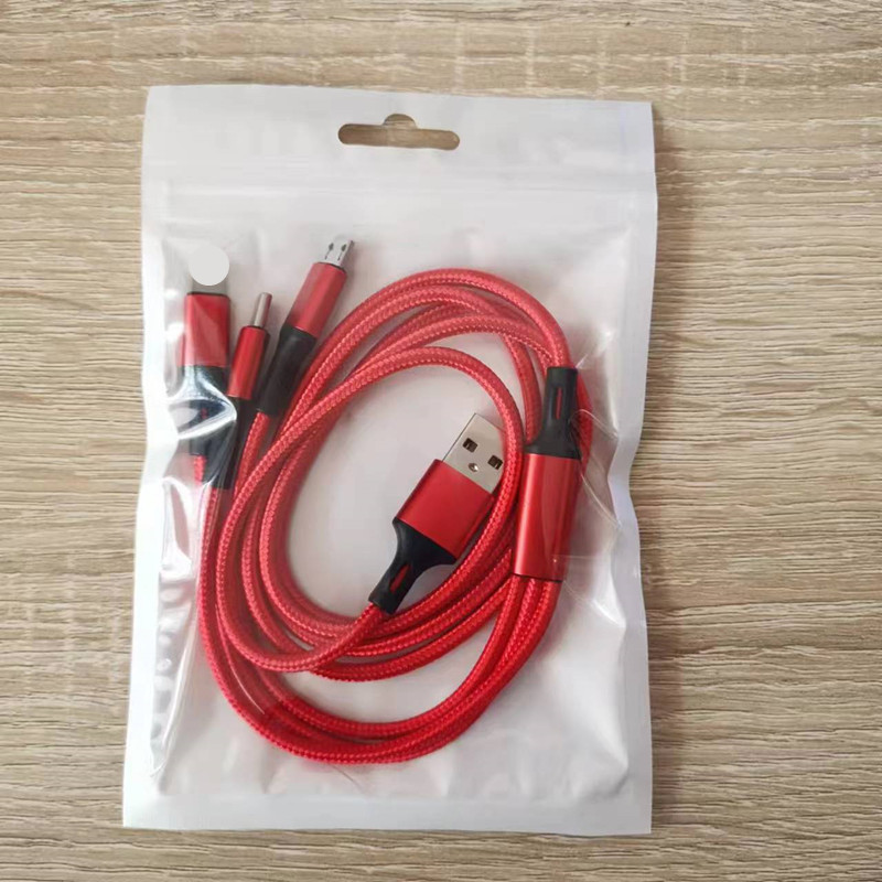 Naylon Örgülü Üç Başlı 2A Hızlı Şarj Veri Kablosu Üçü Bir Arada Telefon Şarj Kablosu Logo Toptan Küçük Hediye