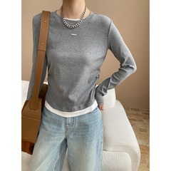 Sinan 初秋の新デザインフェイクツーピースプリーツウエストシェイプ右肩痩身ボトムシャツ Tシャツ SN7734