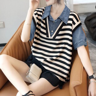 Striped Fake Two-Piece Denim Stitching T-Shirt Women's Design Sense Fashionable and Western Style 2023 Summer Dress New European Station