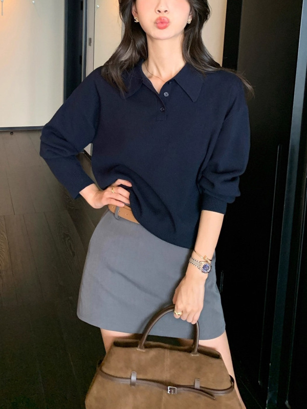 pusunede 慵懒基因 polo领套头毛衣女春秋宽松慵懒长袖针织衫上衣|undefined
