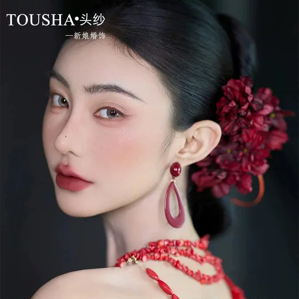 New Chinese Red Flower Hairpin Bride Headwear Antique Hanfu Cheongsam Hair Accessories Simple Elegant Hair Accessories