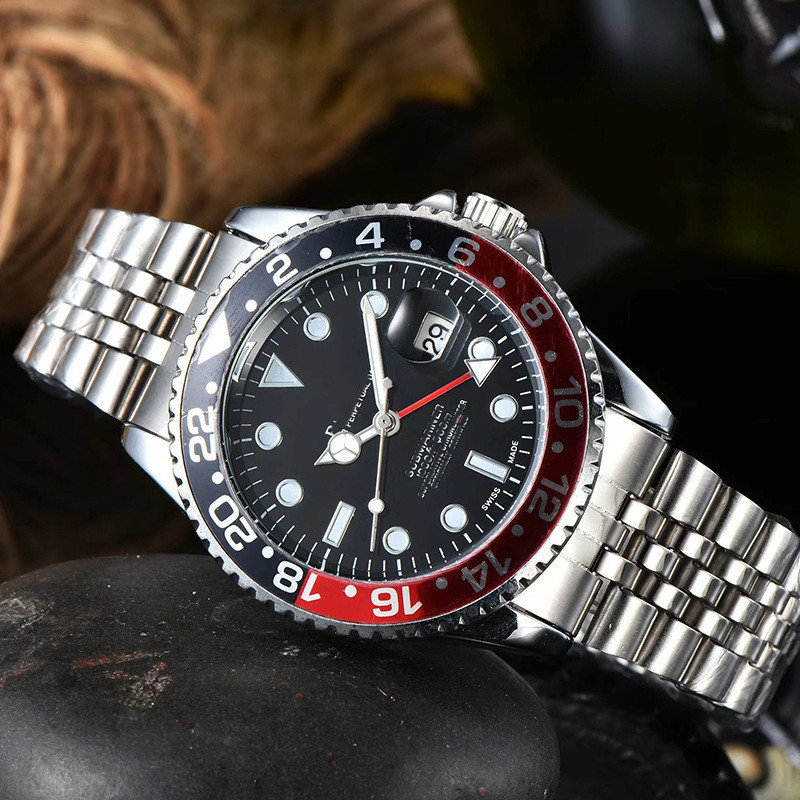 Foreign Trade Red and Black Circle Rolex-Style Men's Watch, Submariner Steel Band Watch, Calendar Fashion Quartz Watch Wholesale