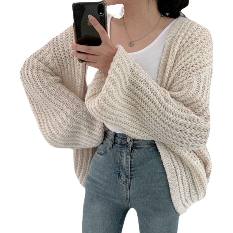 Cárdigan de punto estilo coreano para principios de otoño, con cuello en V, versátil, holgado, informal, de color liso y mangas abullonadas para combinar en capas.
