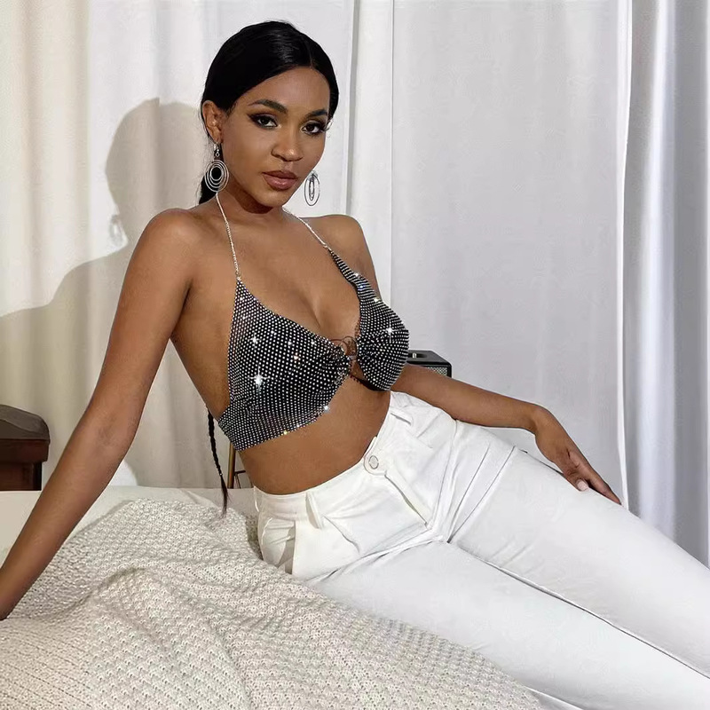 Cross-Border European and American 2025 Summer Women's Tops, Bras, Rhinestone Shiny Sexy Nightclub Halter Neck Tank Tops