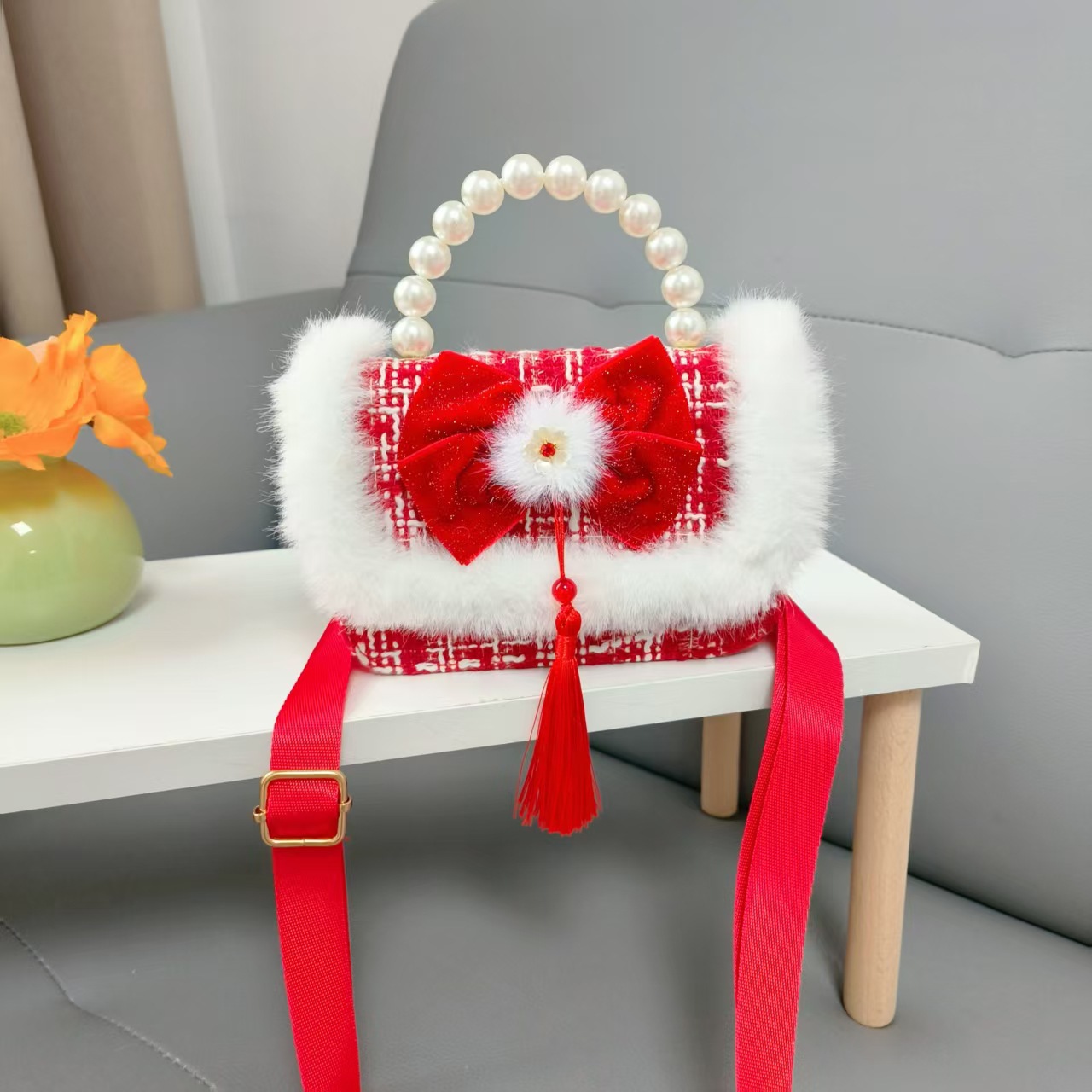 Bolso de la princesa portátil de perlas de Año Nuevo gran rojo para niños bolso de Año Nuevo bolso de chicas bolso de cadena pequeña bolsa de accesorios de viento fragante