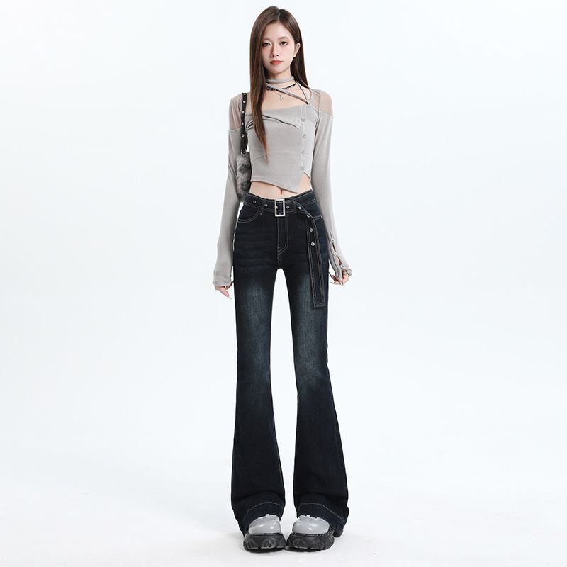 Autumn American Style Stretch Denim Bootcut Jeans Dark New Style Flared Pants Low Waist Horseshoe Pants for Small Women