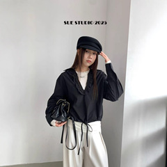SUE秋季新款法式气质木耳边抽绳衬衫女韩系叠穿休闲长袖上衣79033