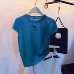 フレンチブルーアイスシルクスモールフライングスリーブ半袖ニットTシャツレディースサマーデザインニッチスリムフィットショートトップ薄手