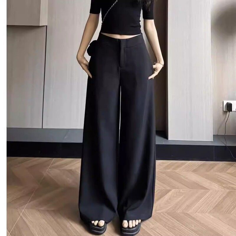 Versatile Gray Wide-Leg Casual Pants for Women, American-Style High-Waisted Loose Pear-Shaped Drape Straight-Leg Suit Pants, Loose Floor-Length Versatile Gray Wide-Leg Casual Pants for Women, American-Style High-Waisted Loose Pear-Shaped Drape Straight-Leg Suit Pants, Loose Floor-Length