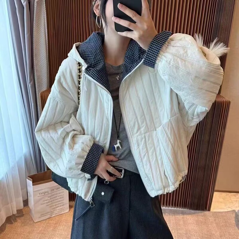 欧货撞色薄款连帽棉衣短外套女2025秋季新款宽松休闲棉服夹克上衣|undefined