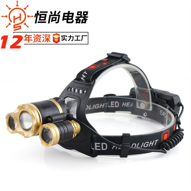 感应头灯RJ-3000飞机头强光超远3T6强光头灯三头调光夜钓led变焦