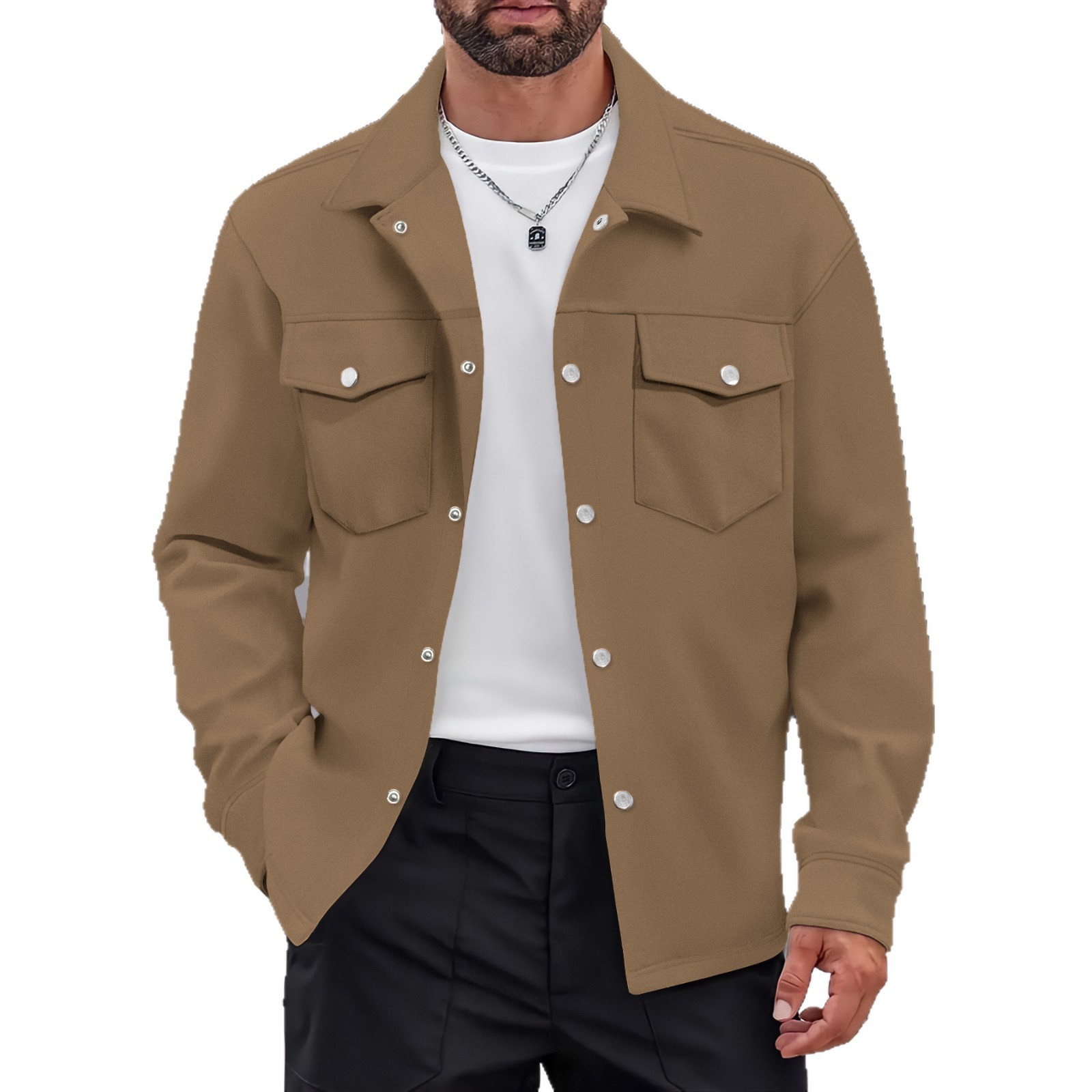 Giacca da uomo aderente con doppie tasche, revers casual, tinta unita, stile europeo-americano, autunno/inverno, monopetto._voghion.com