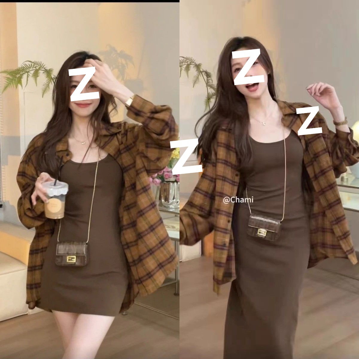 美拉德吊带裙德色系格子衬衫衬衣+设计吊带连衣裙裙子套装法式