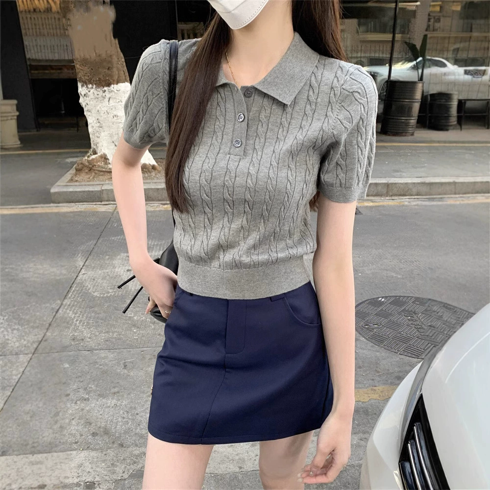MULVAN Ретро Твивка polo с короткими рукавами Тянси тонкая футболка с положительным плечом вязаный свитер женский летний короткий повседневный топ