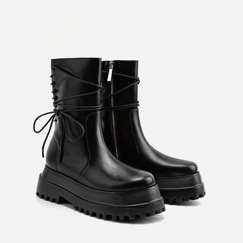 Women's Thick-soled Martin Boots Black Autumn New Short Boots Side Zipper Knight Boots Back Lacing Mid-calf Boots