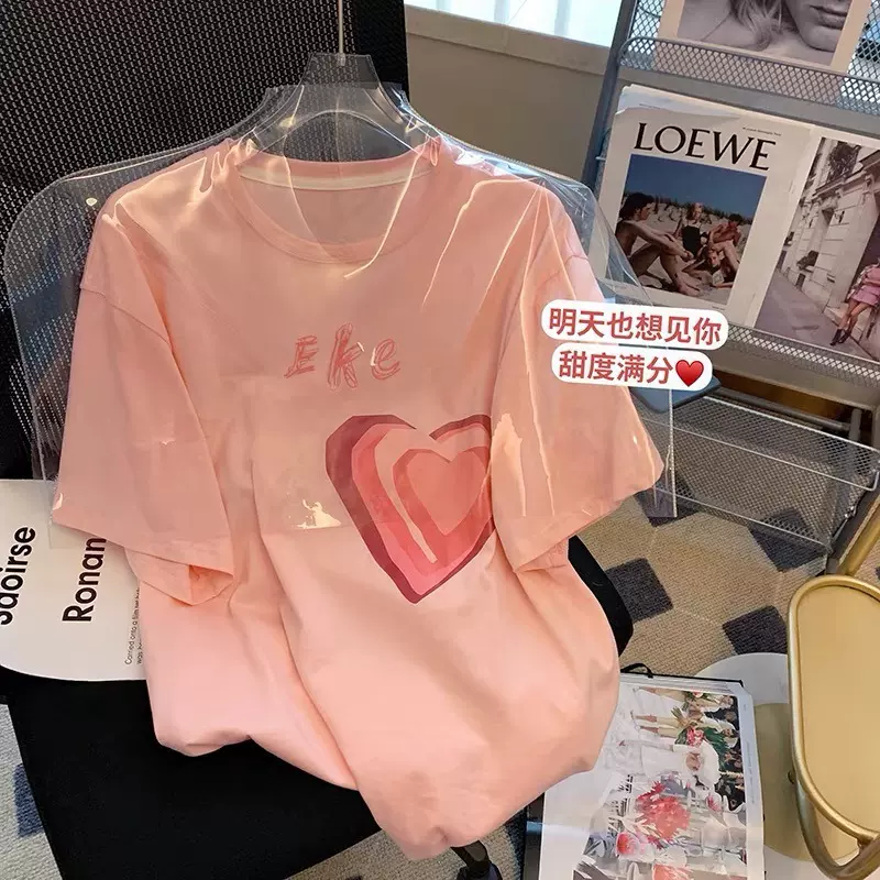 纯棉包领 粉色爱心印花短袖T恤女夏季新款韩版宽松小众洋气上衣潮