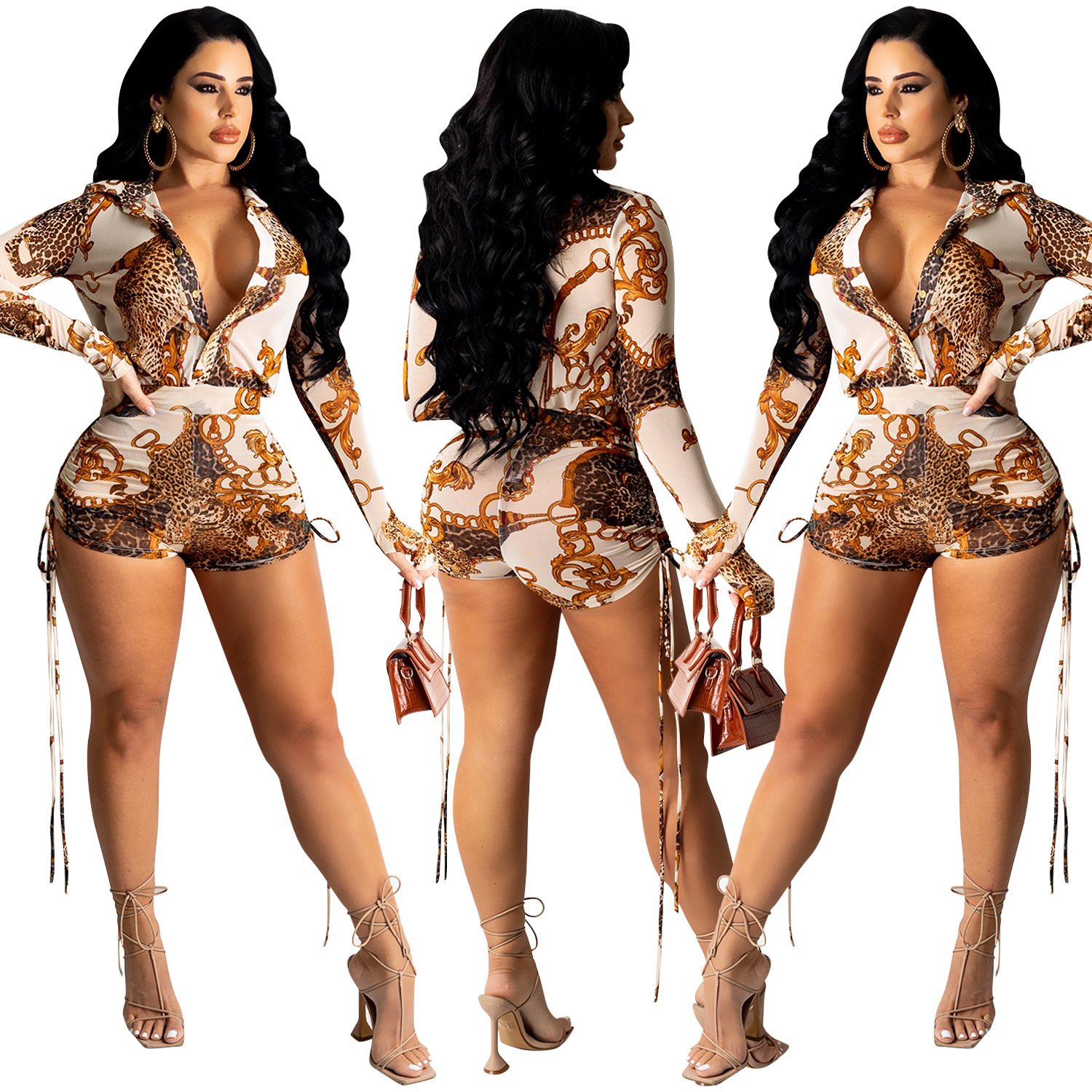 sexy print long-sleeved zipper V-neck shorts jumpsuit nihaostyle clothing wholesale NSXYZ68551