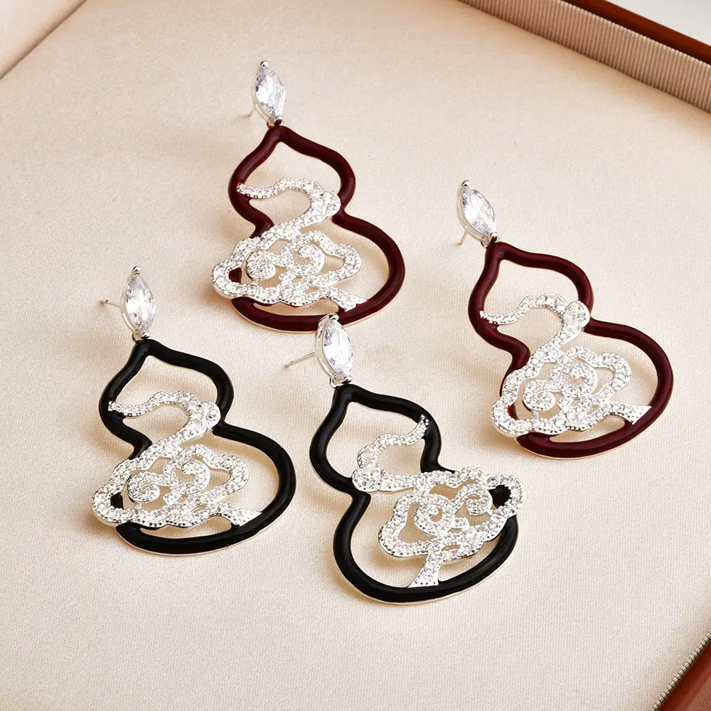 新中式民族风镂空满钻祥云黑色滴油葫芦耳坠小众设计气质个性耳饰