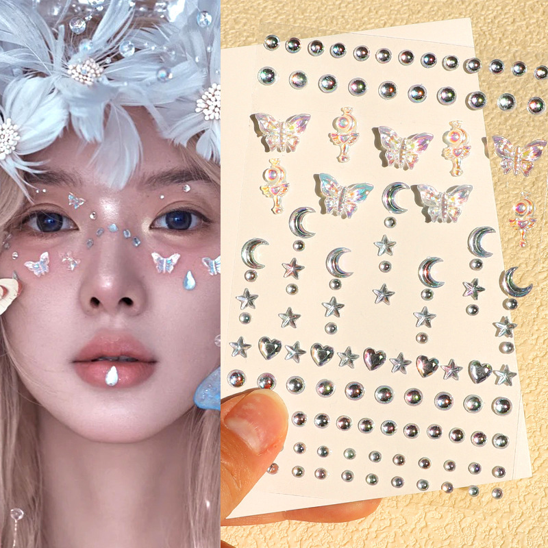 Self-Adhesive Aurora Butterfly Diamond Pearl Face Stickers, Sparkling Diamond Tear Diamond Stickers for the Forehead, Stage Makeup Eye Corner Diamond Stickers