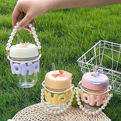 ins 風水カップ インターネットセレブ ストローカップ ハンディカップ かわいい 厚みのある透明ストロー パールブレスレット ガラスウォーターカップ