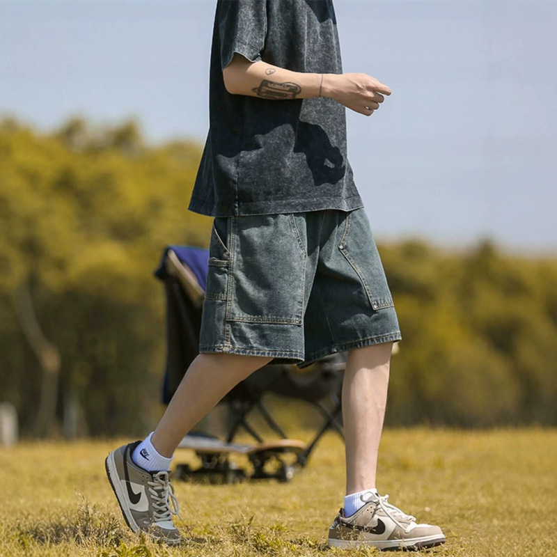American Retro Washed Workwear Denim Shorts Men's Summer Thin Loose Straight Five-Point Pants Trendy Casual Pants