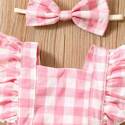 Amazon AliExpress Cross-border Hot Selling Girls' Bubble Cotton Two-Color Checkered Sleeveless Climbing Suit Bodysuit + Headpiece