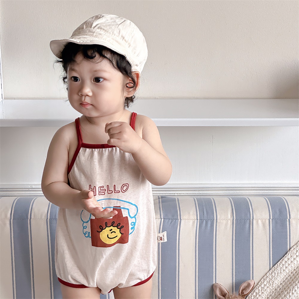 Verano coreano estilo ins diseño de nicho estilo delgado letras de dibujos animados bebé sin mangas 0-2 años cabestrillo fuera mamelucos