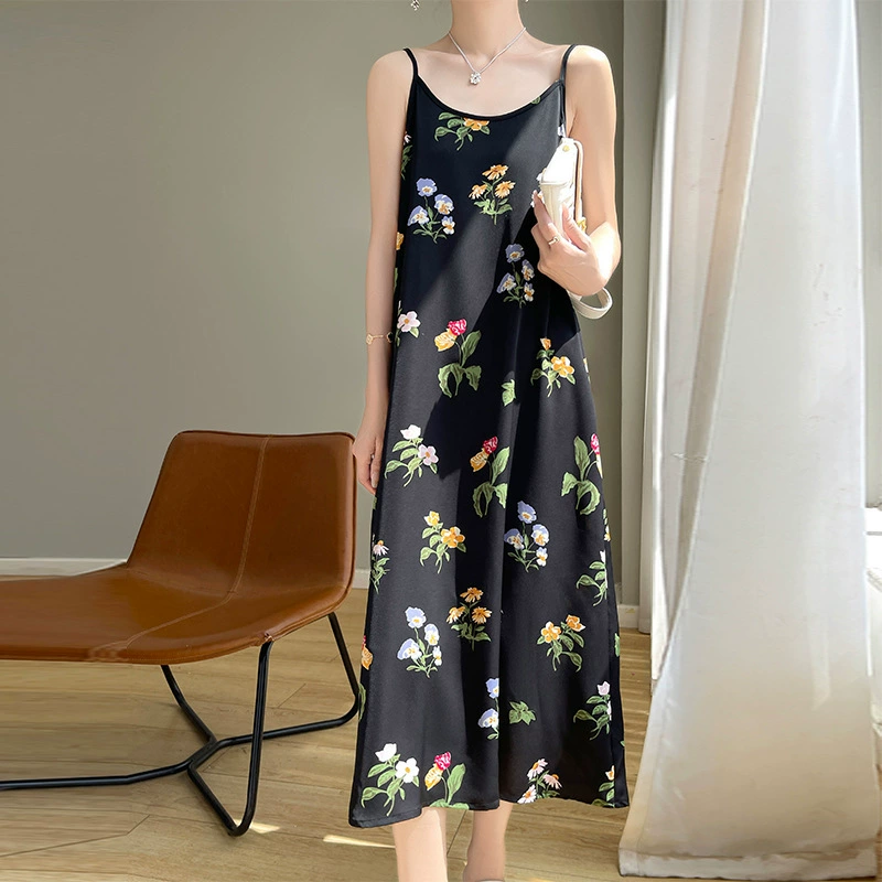 Лето 2024 новый атласный цветной цветок с круглым вырезом платье-подтяжка женская наружная тонкая юбка с принтом