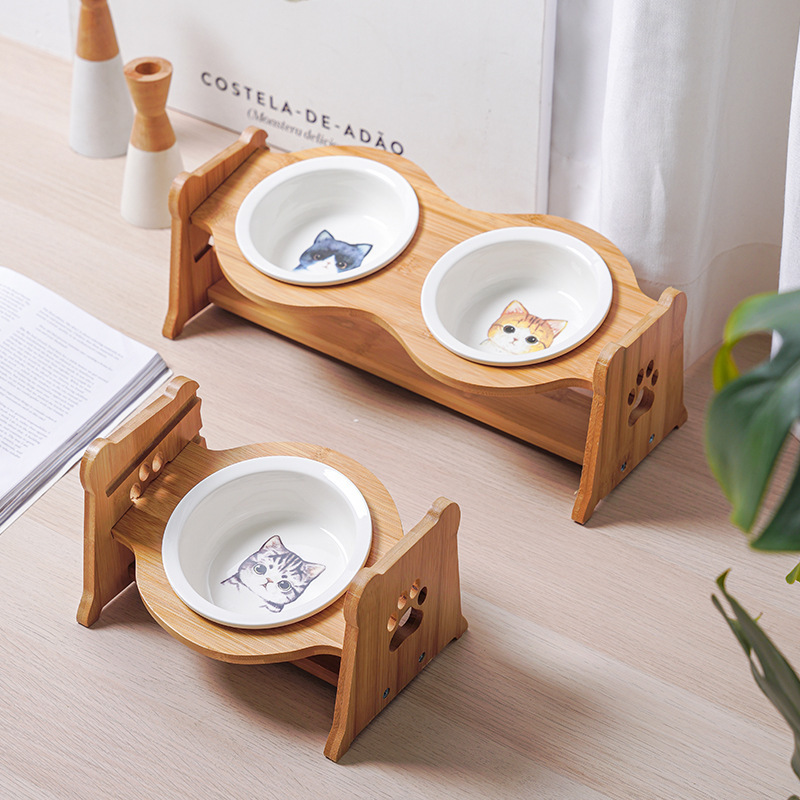 Protector de cuello ajustable de madera para gatos, tazón doble, estante para tazón de cerámica para gatos, estante para tazón para perros anti-volcado