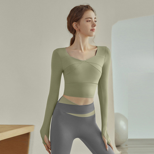 Women's Autumn New Running Top, Fitted and Slimming, Sexy Sports Top with Long Sleeve and Bra Cup, Yoga Clothes Trendy