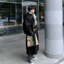 ASCLO男装羊绒大衣长款过膝连帽毛呢大衣男宽松呢子风衣外套牛角