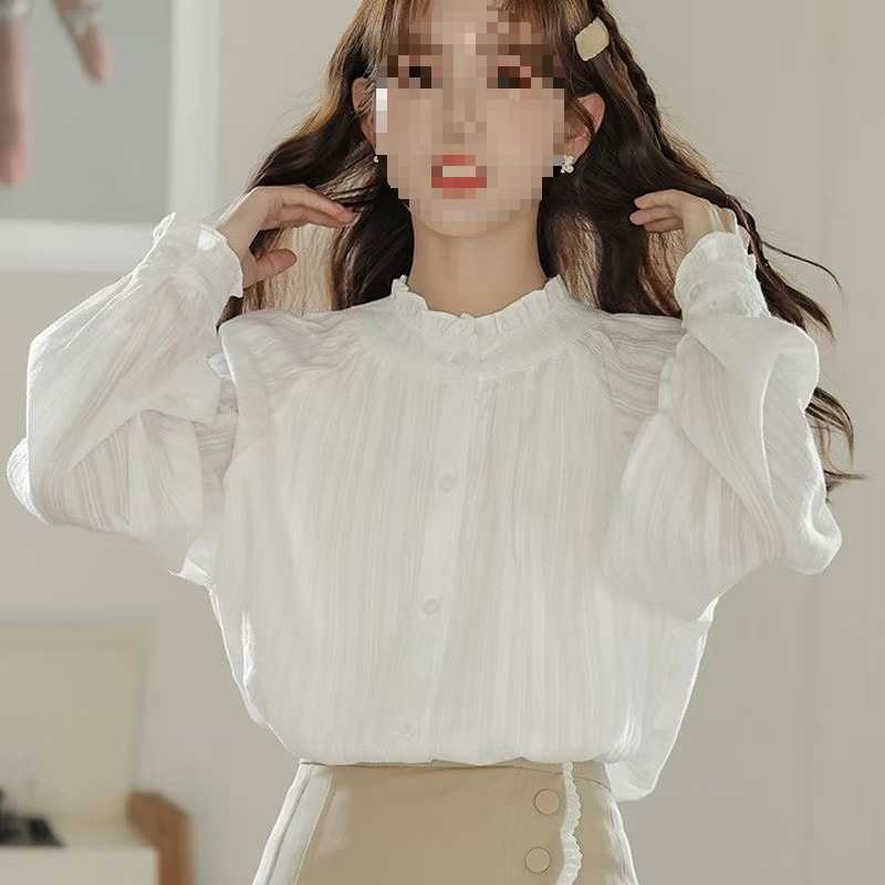 Fleece-Lined French Stand Collar Ruffled White Youthful Blouse for Women, Autumn and Winter 2025 New Lace Inner Base Top